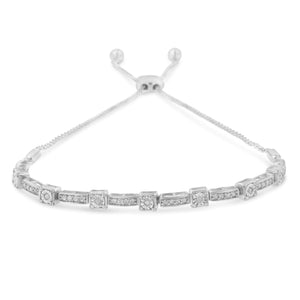 .925 Sterling Silver 1/4 Cttw Diamond Art Deco Milgrain Square Station & Bar Style Adjustable Bolo 6"-9" Bracelet (H-I Color, I2-I3 Clarity)-0