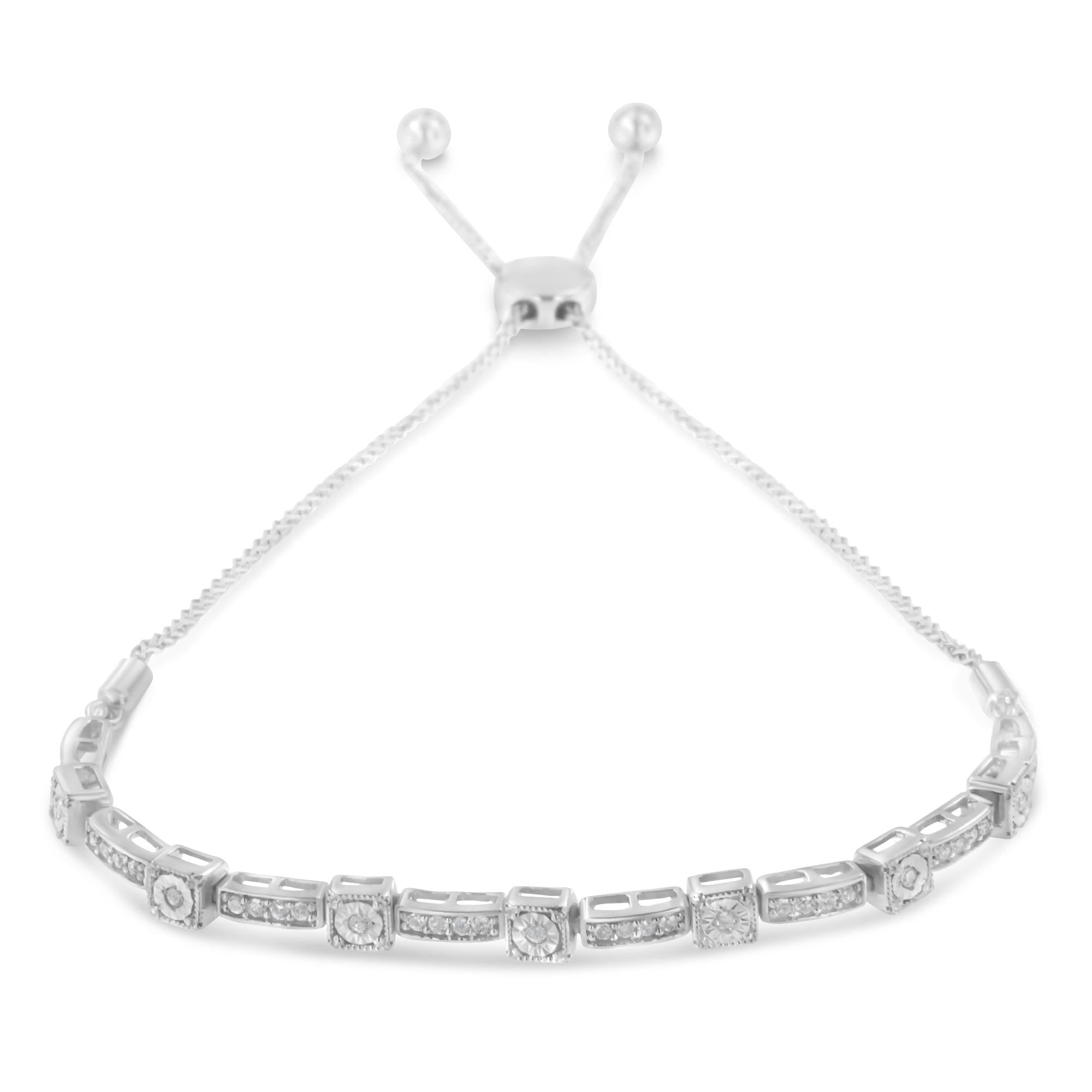 .925 Sterling Silver 1/4 Cttw Diamond Art Deco Milgrain Square Station & Bar Style Adjustable Bolo 6"-9" Bracelet (H-I Color, I2-I3 Clarity)-1