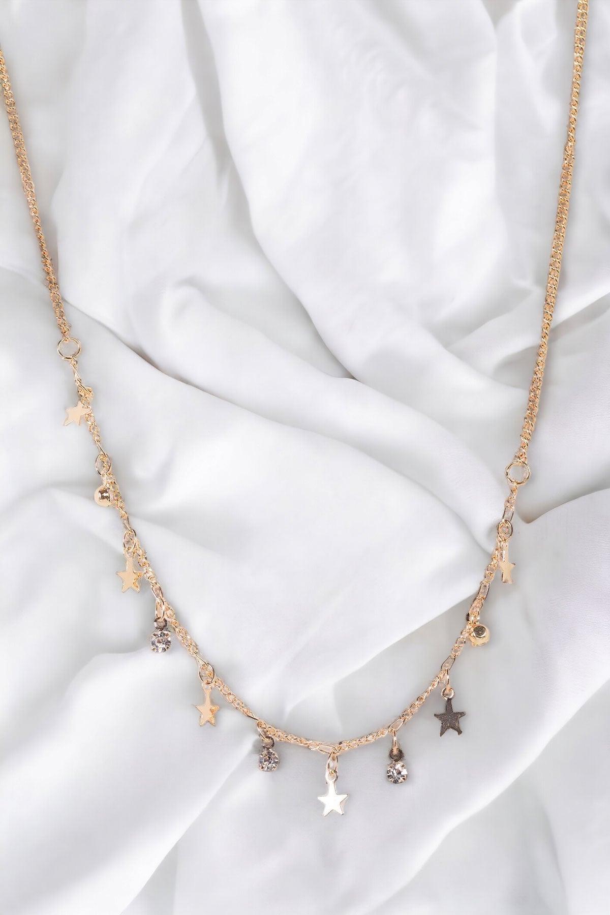 Gold Link Chain Star & Faux Diamond Charms Necklace-0