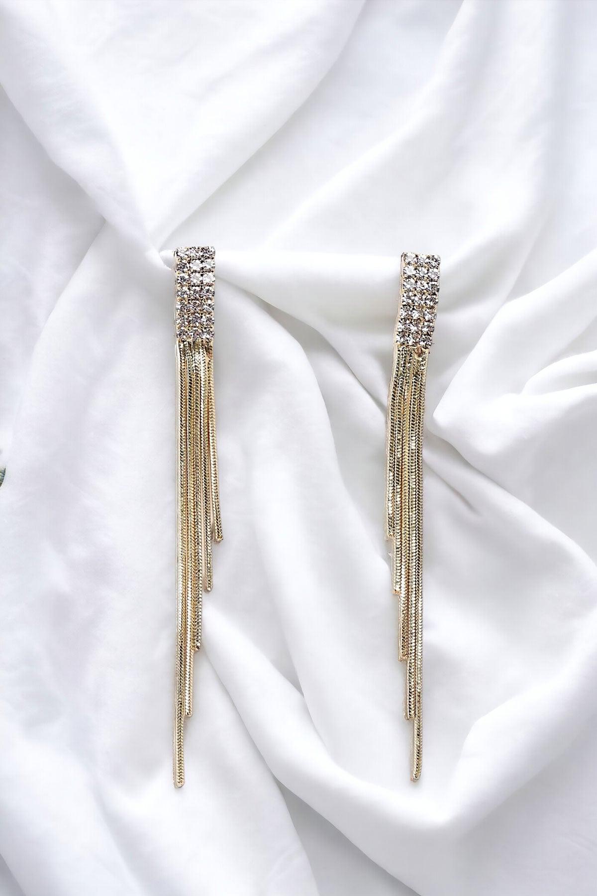 Gold Diamonds Incrustation Snake Chain Tassel Earrings-0