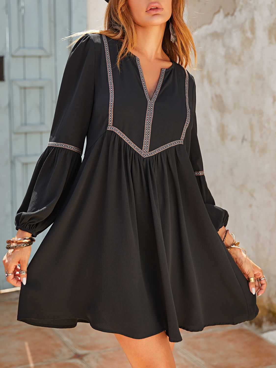 Ruched Notched Long Sleeve Mini Dress – Team Spirit Store USA