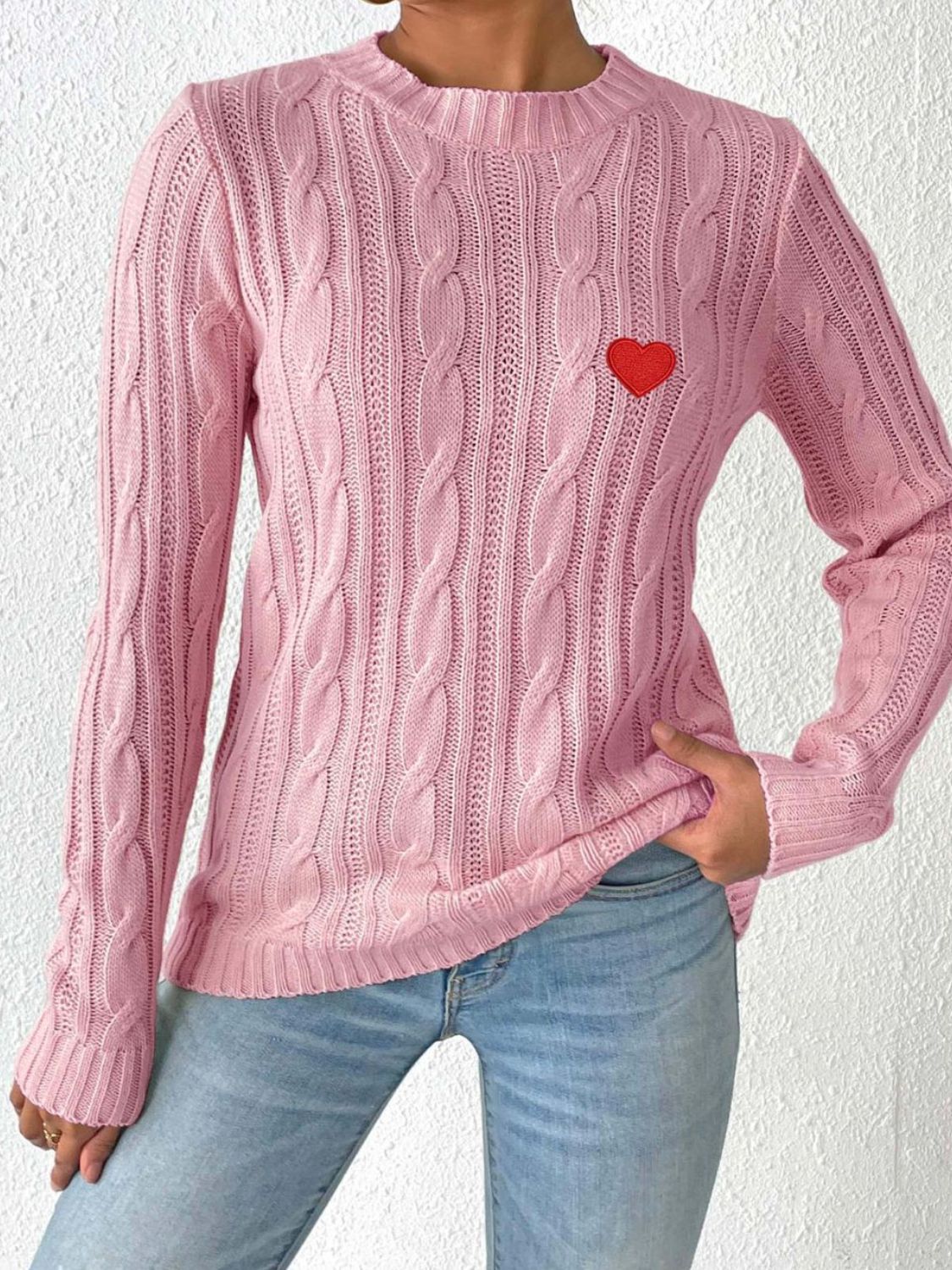 Cable-Knit Heart Round Neck Long Sleeve Sweater – Team Spirit