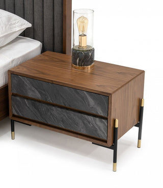 Mid Century Walnut and Gray Faux Marble Two Drawer Nightstand - Team Spirit Store USA 