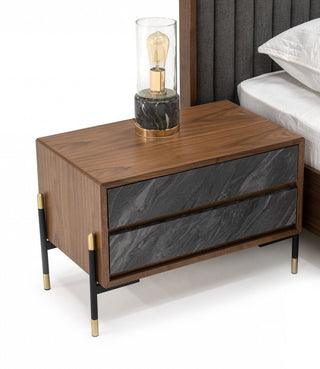 Mid Century Walnut and Gray Faux Marble Two Drawer Nightstand - Team Spirit Store USA 