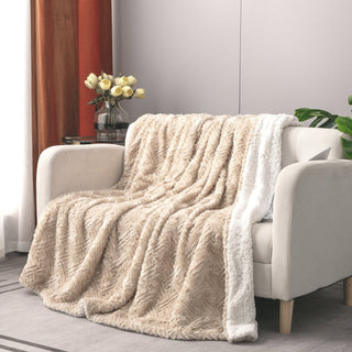 DaDalogy Bedding Champagne Ivory Faux Fur Throw Blanket - Dreamy Gold Geometric Embossed Sherpa Backside - Super Soft Warm Cozy Plush Fluffy - Team Spirit Store USA 
