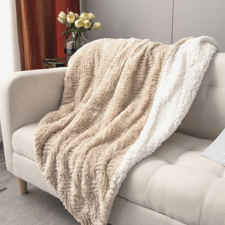DaDalogy Bedding Champagne Ivory Faux Fur Throw Blanket - Dreamy Gold Geometric Embossed Sherpa Backside - Super Soft Warm Cozy Plush Fluffy - Team Spirit Store USA 