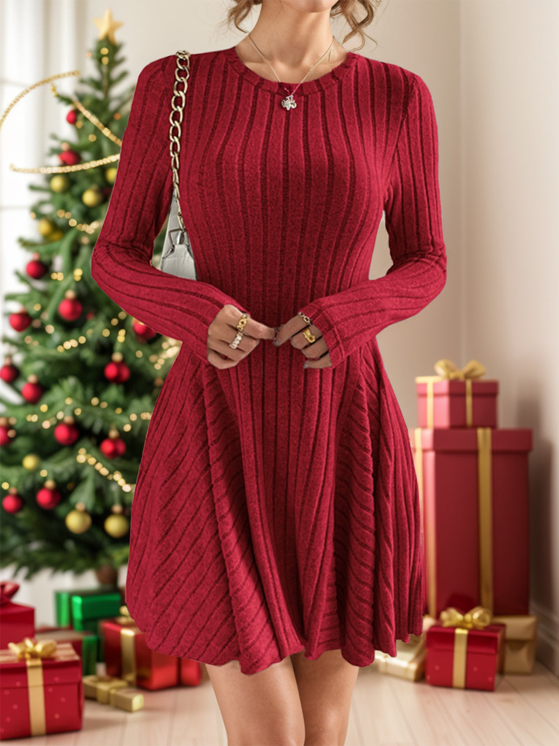 Ribbed Round Neck Pleated Long Sleeve Dress – Team Spirit Store USA