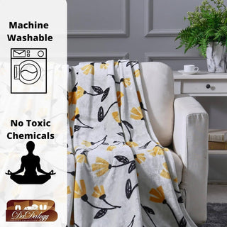 DaDa Bedding Soft Lightweight Fleece Throw Blanket, Yellow Fleur Floral Golden Orange Silver/Grey Background (XY1011) - Team Spirit Store USA 