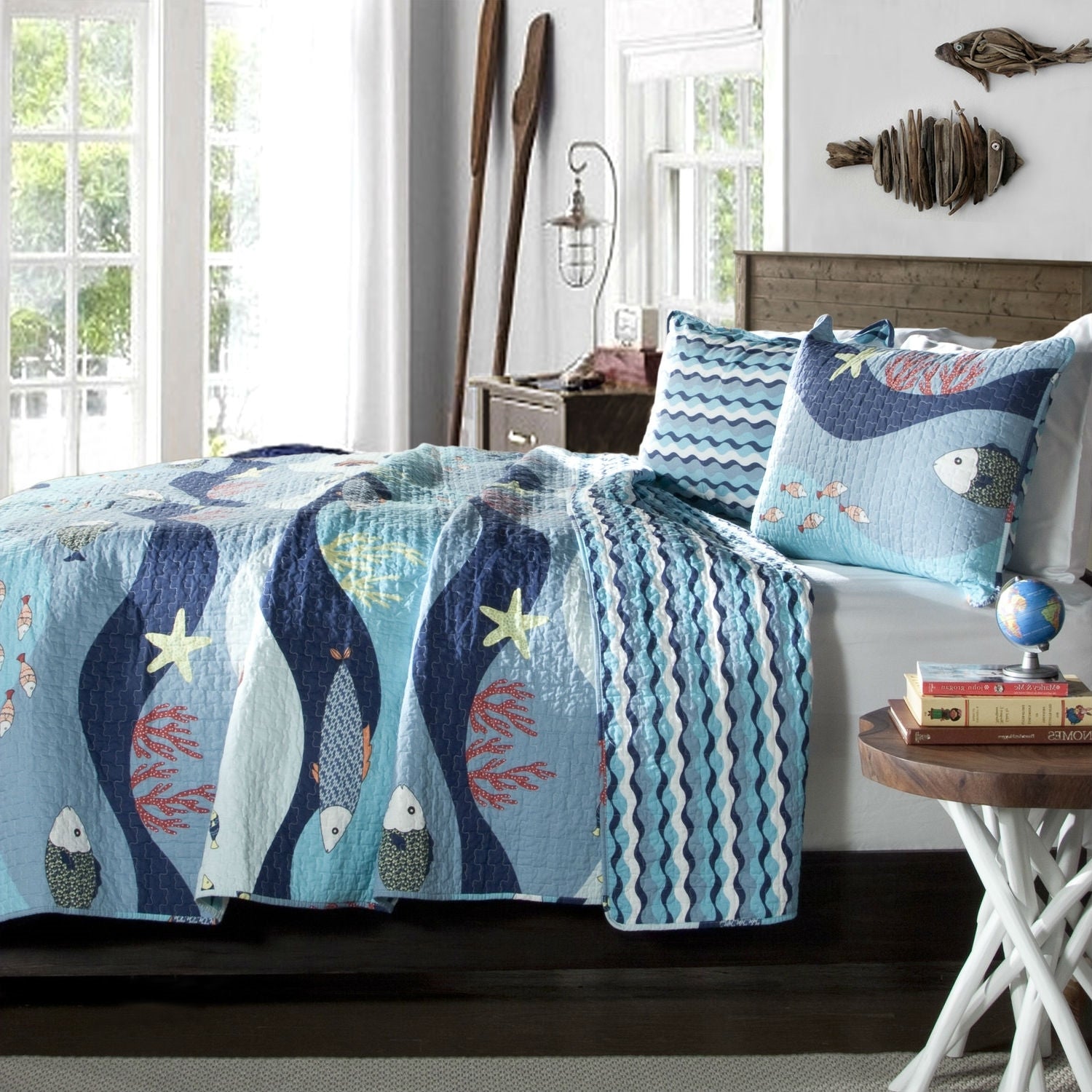 Full / Queen Blue Serenity Sea Fish Coral Coverlet Quilt Bedspread Set - Team Spirit Store USA 