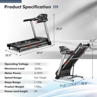 4.75 HP Folding Treadmill with Auto Incline and 20 Preset Programs-Black - Team Spirit Store USA 