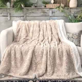 DaDalogy Bedding Champagne Ivory Faux Fur Throw Blanket - Dreamy Gold Geometric Embossed Sherpa Backside - Super Soft Warm Cozy Plush Fluffy - Team Spirit Store USA 