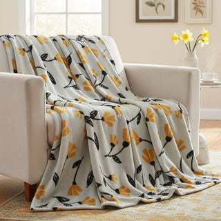 DaDa Bedding Soft Lightweight Fleece Throw Blanket, Yellow Fleur Floral Golden Orange Silver/Grey Background (XY1011) - Team Spirit Store USA 