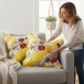 DaDa Bedding Set of 2 Sunshine Yellow Hummingbirds Floral Scalloped Throw Pillow Covers, 18" (JHW925) - Team Spirit Store USA 