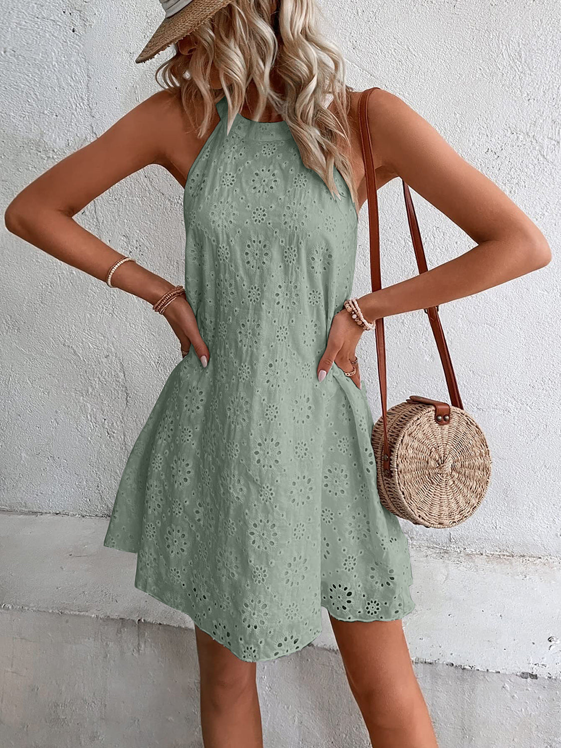 Eyelet Grecian Neck Mini Dress Team Spirit Store USA Eyelet Grecian Neck Mini Dress Team Spirit Store USA