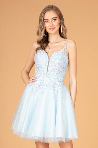 3D Flower Jewel Mesh Short Babydoll w/ Corset Back Short Homecoming Dress GLGS3094-3
