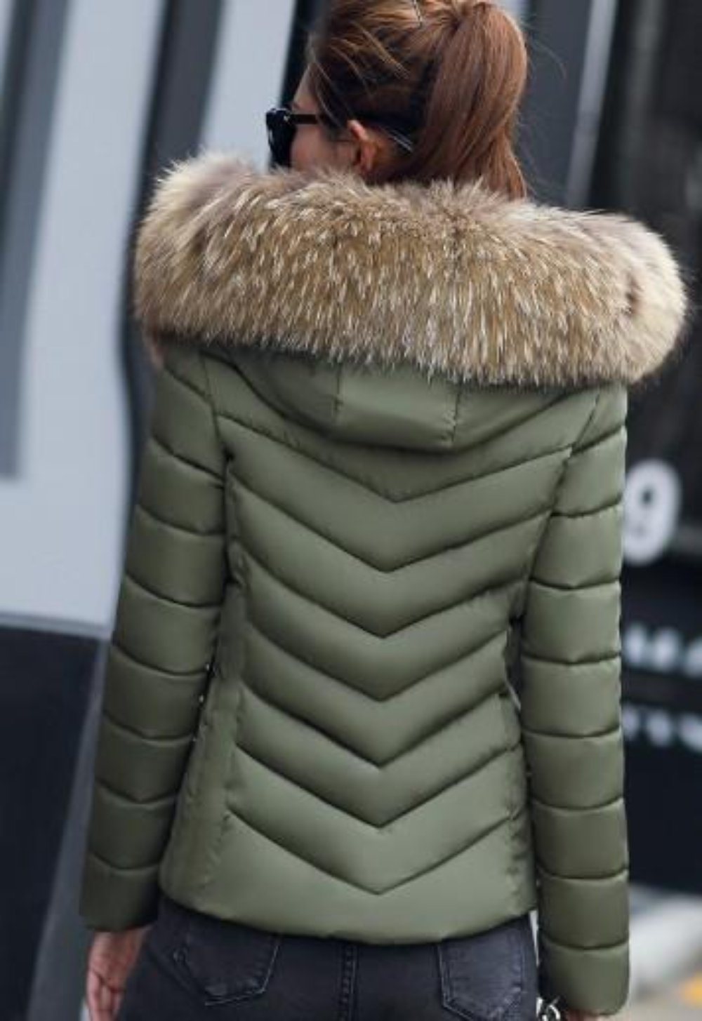 Women's Army Green Hooded Slim Fit Winter Zip Up Short Coat - Team Spirit Store USA 