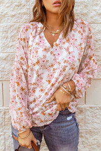 Floral Balloon Sleeve Notched Neck Blouse - Team Spirit Store USA 
