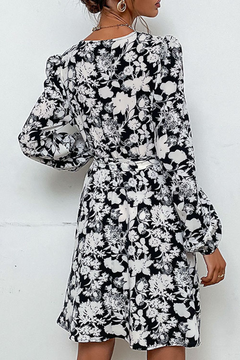 Floral Belted V-Neck Puff Sleeve Mini Dress - Team Spirit Store USA 
