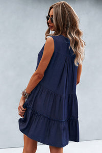 Frill Trim Notched Sleeveless Tiered Dress - Team Spirit Store USA 