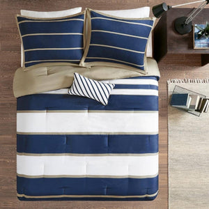Full / Queen size Comforter Set in Navy Blue White Khaki Stripe - Team Spirit Store USA 