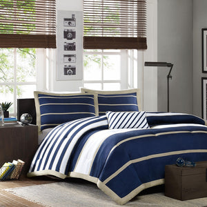 Full / Queen size Comforter Set in Navy Blue White Khaki Stripe - Team Spirit Store USA 