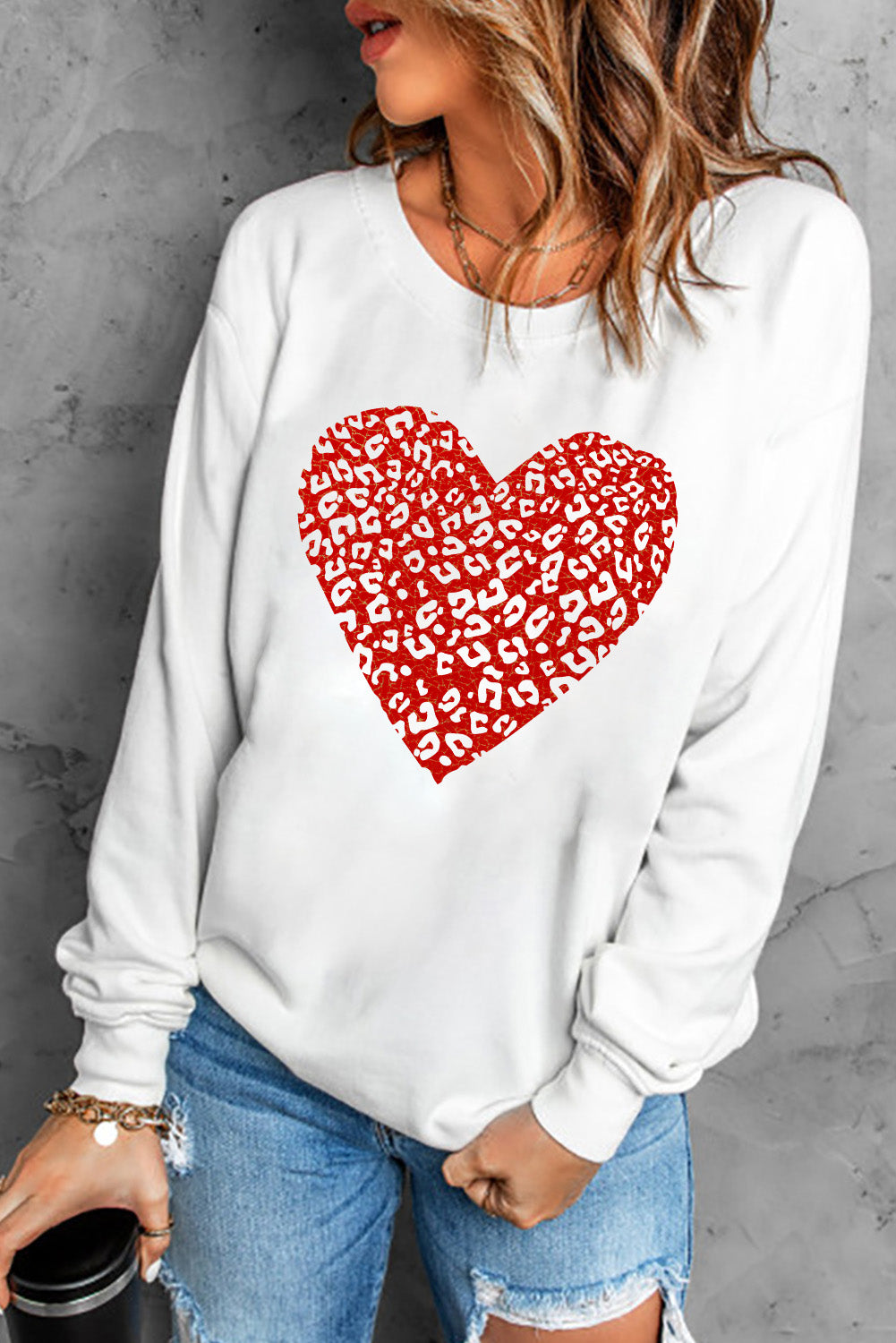 Leopard Heart Graphic Drop Shoulder Sweatshirt - Team Spirit Store USA 